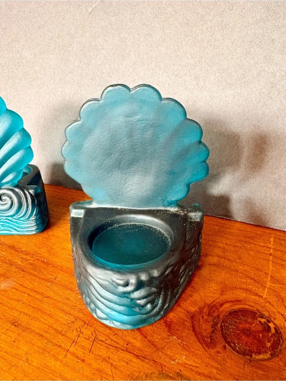 Vintage Anchor Hocking Teal Glass Votive Holders- Scrolled Seashells